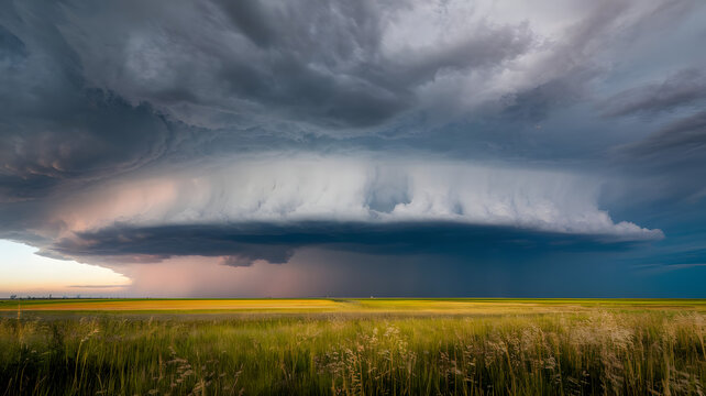 A thunderstorm rolling over a flat plain, with lightning illuminating the clouds