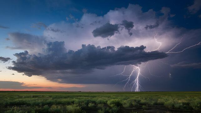 A thunderstorm rolling over a flat plain, with lightning illuminating the clouds