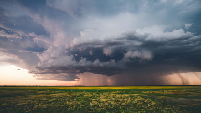 A thunderstorm rolling over a flat plain, with lightning illuminating the clouds
