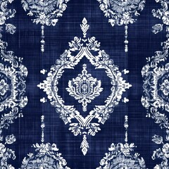 Seamless dark blue and white ethnic silk pattern with intricate motifs, designed as a luxurious background for fabric and decorate