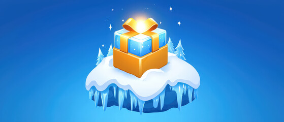 Obraz premium vibrant mystery box with golden ribbon sits on snowy platform, surrounded by icy trees, evoking sense of wonder and excitement