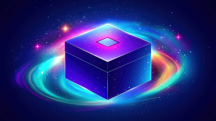 vibrant mystery box floats in cosmic swirl of colors and stars, evoking curiosity and wonder