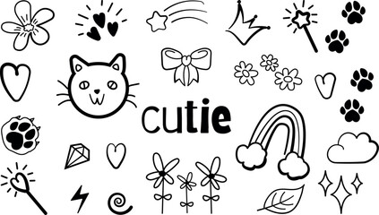 Cute hand drawn doodle vector set for decoration on white background, Kids and baby girly design element for prints, fabric , birth day cards, cover and web design, sticker 