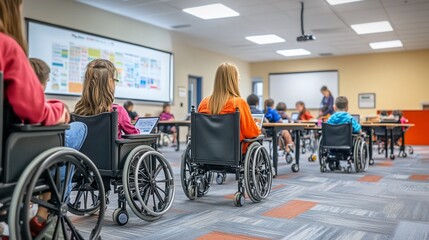 Inclusive classroom with students in wheelchairs using laptops and teacher instructing.