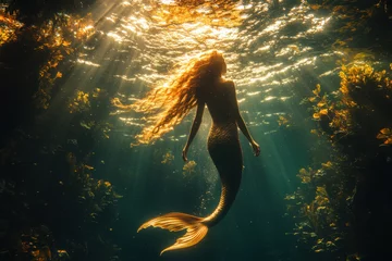 A fantasy scene of a young mermaid gracefully swimming underwater. A magical and enchanting depiction of the ocean world