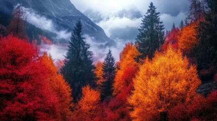 Vibrant autumn landscape with colorful foliage and mountains.