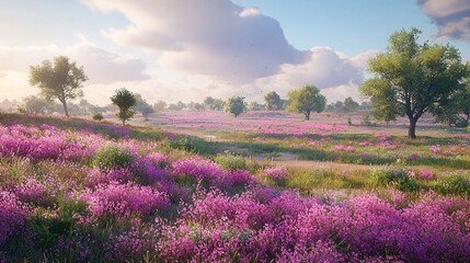 Serene sunrise over vibrant purple wildflowers in a rolling meadow landscape.