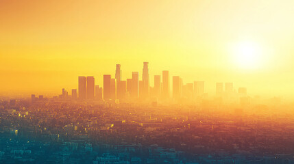 Fototapeta premium Cityscape at sunset, downtown skyscrapers silhouette, urban buildings landscape with orange sky, modern architecture panorama, historic landmarks meet tall towers, aerial view.