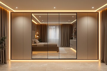 Modern bedroom with mirrored sliding wardrobe, warm lighting, and beige tones.