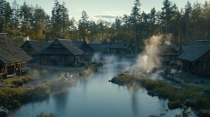 Serene village by a river in a forested landscape.
