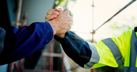 Engineering, closeup and business people with handshake, partnership and contractor. Employees,...