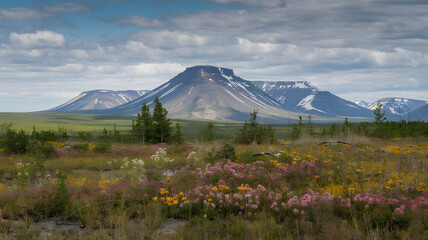 A tundra landscape with patches of colorful wildflowers blooming in the brief summer