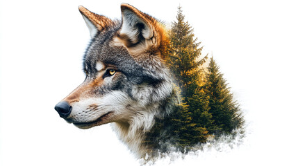 Fototapeta premium Wolf animal double exposure with forest, wildlife beast in nature, predator portrait blended with trees, wild canine silhouette art, adventure mammal illustration print, powerful creature.