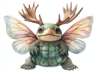 A whimsical fantasy creature with a turtle shell, butterfly wings, and antlers, smiling warmly, AI