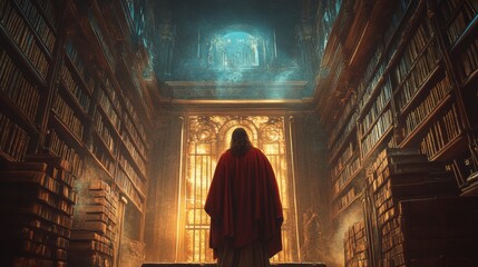 Naklejka premium Jesus standing in an ancient library illuminated by golden light, surrounded by towering bookshelves