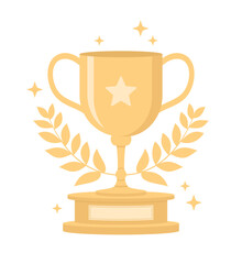 Golden trophy cup on pedestal decorated by laurel wreath, isolated on a white background. Flat vector illustration