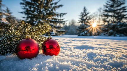 Red Christmas ornaments in snowy winter scene at sunset.