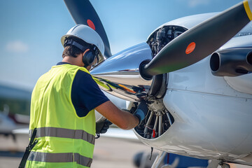 A mechanic in a reflective vest and helmet conducting a pre-flight safety check on a small...