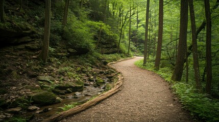 Fototapeta premium Serene forest path winding through lush greenery.