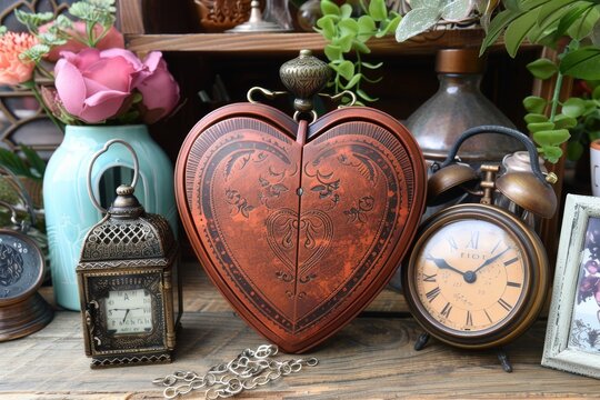 Vintage heart-shaped box surrounded by decorative items on a wooden table in a cozy setting