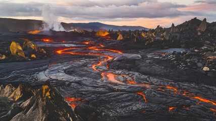 Fototapeta premium A volcanic landscape with glowing rivers of lava flowing between jagged black rocks