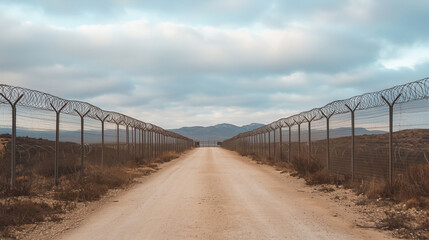 Border Crossing Gate with Barbed Wire Against Cloudy Sky