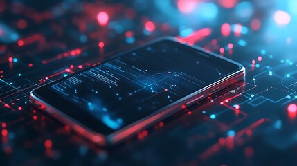 A smartphone surrounded by glowing data patterns, representing technology and digital connectivity.