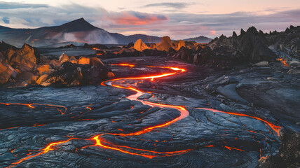 A volcanic landscape with glowing rivers of lava flowing between jagged black rocks