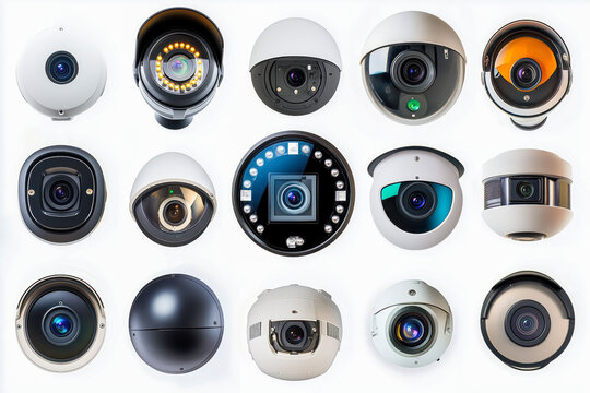 A review of surveillance cameras on white background. Security concept. Facial recognition. Program search for criminals.
