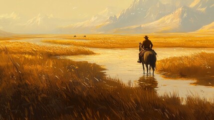 Cowboy riding through a golden landscape by a river.