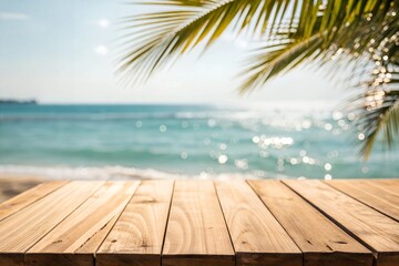 Fototapeta premium Sunlight streams through lush palm leaves, casting a warm glow on a wooden table overlooking a tranquil beach and gentle ocean waves during the afternoon.Podium for advertising, podium for products.AI