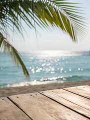 Fototapeta premium Warm sunlight filters through palm leaves over a calm beach and ocean during a serene afternoon. Podium for advertising, podium for products. Generative AI
