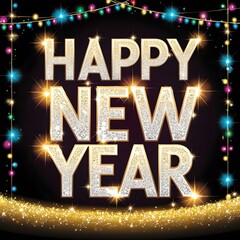 Glittering 'Happy New Year' Typography with Sparkling Lights and Colorful Halos for a Festive Celebration