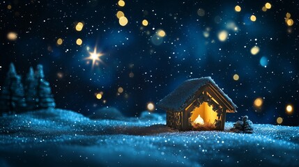 Fototapeta premium Snowy winter night with a cozy cabin illuminated by warm light amidst falling snowflakes