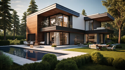 big modern luxury home with a gardening swimming pool