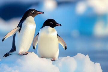 Fototapeta premium Adelie penguins stand on an iceberg.