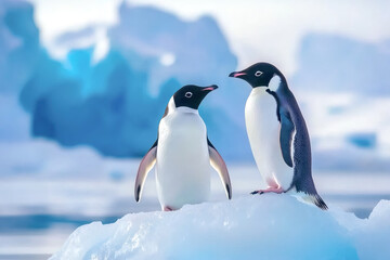Fototapeta premium Adelie penguins stand on an iceberg.
