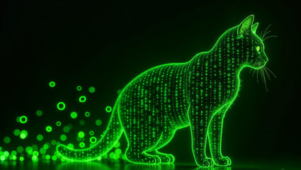 3D banner featuring the silhouette of a cat formed by glowing neon green digital code, similar to falling data from the Matrix