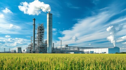 Industrial facility surrounded by lush green fields under a bright blue sky with clouds during daytime