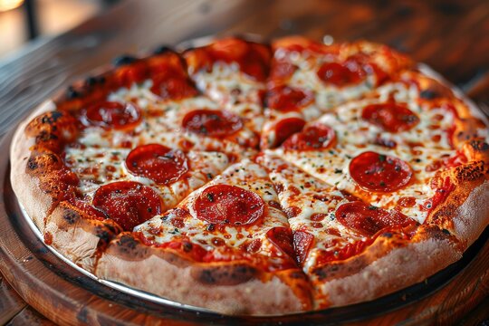 Freshly baked pepperoni pizza served on a wooden table at a cozy restaurant during dinner time