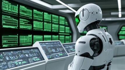 Futuristic Robot Analyzing Data in High-Tech Control Room Environment