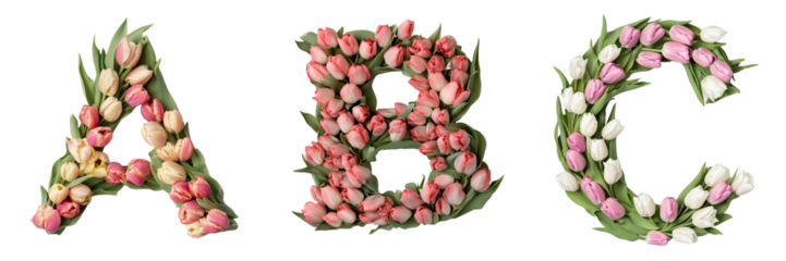 A, B, C. Tulips alphabet. Initials with floral elements.Floral letter design. Composition for card,greetings, invitation, save the date, logo, business. Transparent background PNG. 