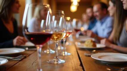 Obraz premium Gathering of Friends Enjoying Dinner With Wine in a Cozy Restaurant Atmosphere During Evening Hours