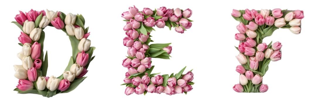 D,E, F. Tulips alphabet. Initials with floral elements.Floral letter design. Composition for card,greetings, invitation, save the date, logo, business. Transparent background PNG. 