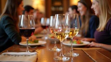 Friends Enjoying a Lively Dinner Party With a Variety of Wines and Delicious Food at a Cozy Restaurant in the Evening