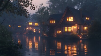 Fototapeta premium Cozy waterfront houses glowing warmly at twilight, mist on calm water.