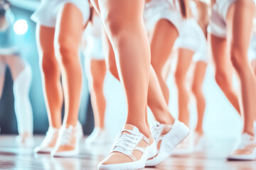 An energetic dance studio with mirrors and dance shoes, Dancers practicing choreography, Performing arts style