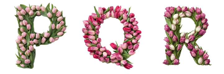 P, K, R, . Tulips alphabet. Initials with floral elements.Floral letter design. Composition for card,greetings, invitation, save the date, logo, business. Transparent background PNG. 