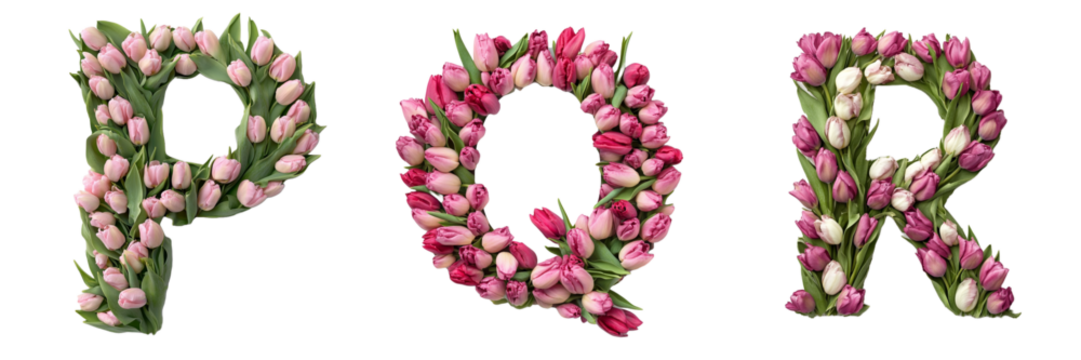 P, K, R, . Tulips alphabet. Initials with floral elements.Floral letter design. Composition for card,greetings, invitation, save the date, logo, business. Transparent background PNG. 