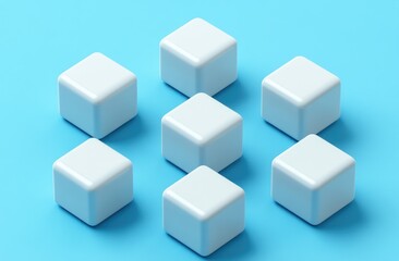 Obraz premium Seven white cubes arranged in a pattern on a light blue background.